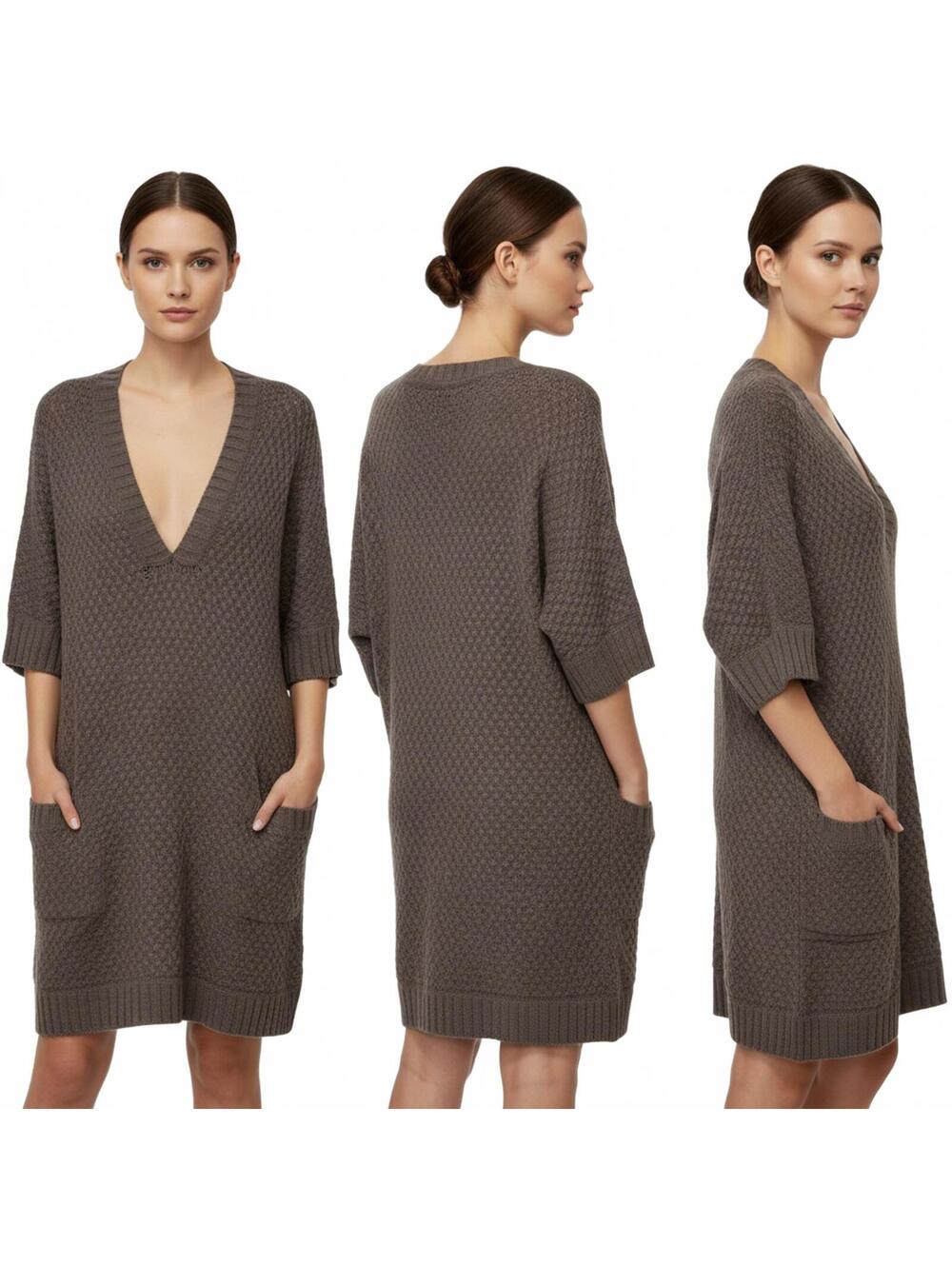 Caslon Sweater Dress Knit Tunic Pockets V-Neck Short Sleeve Brown Casual Size?